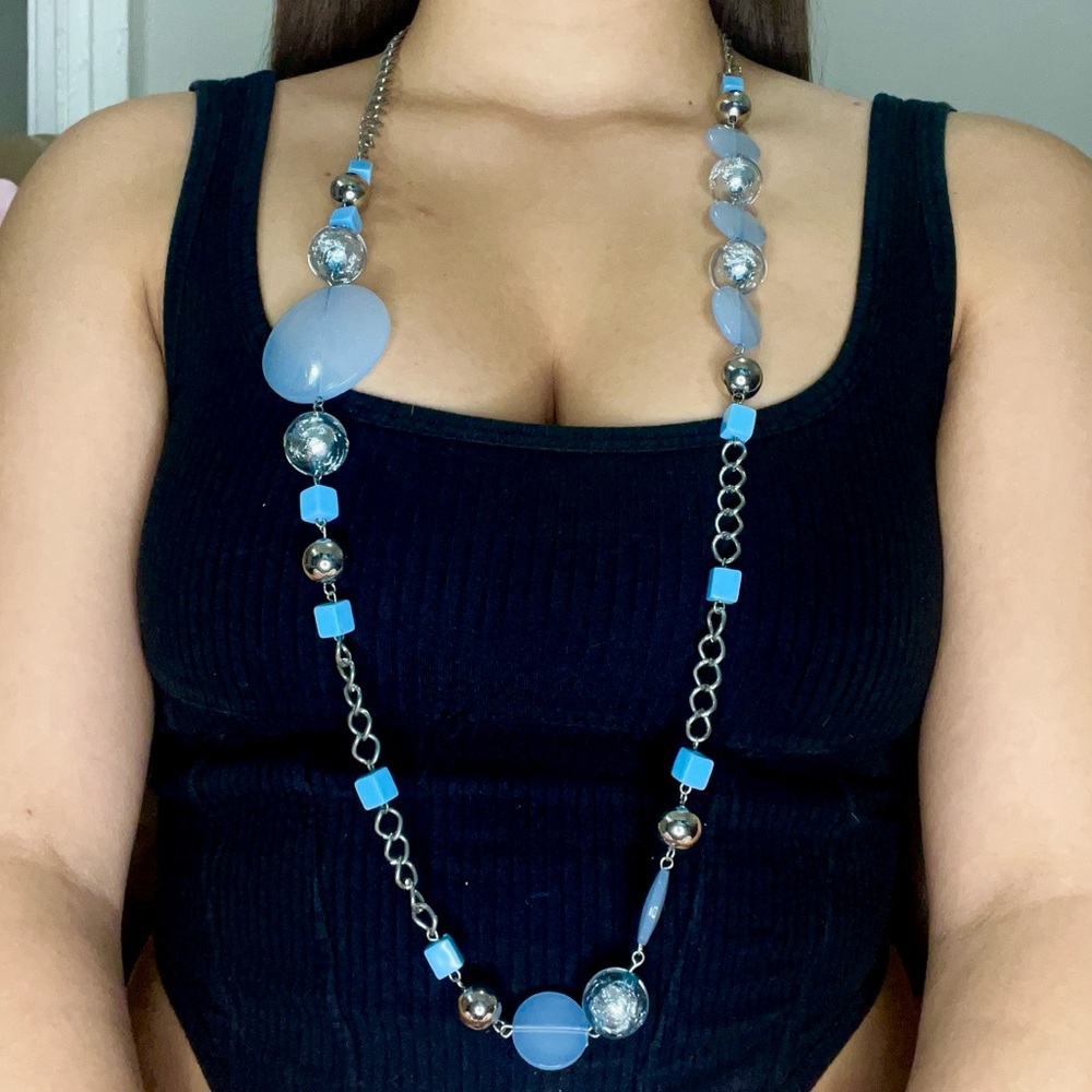 vintage retro 80’s blue and silver necklace beaded boho